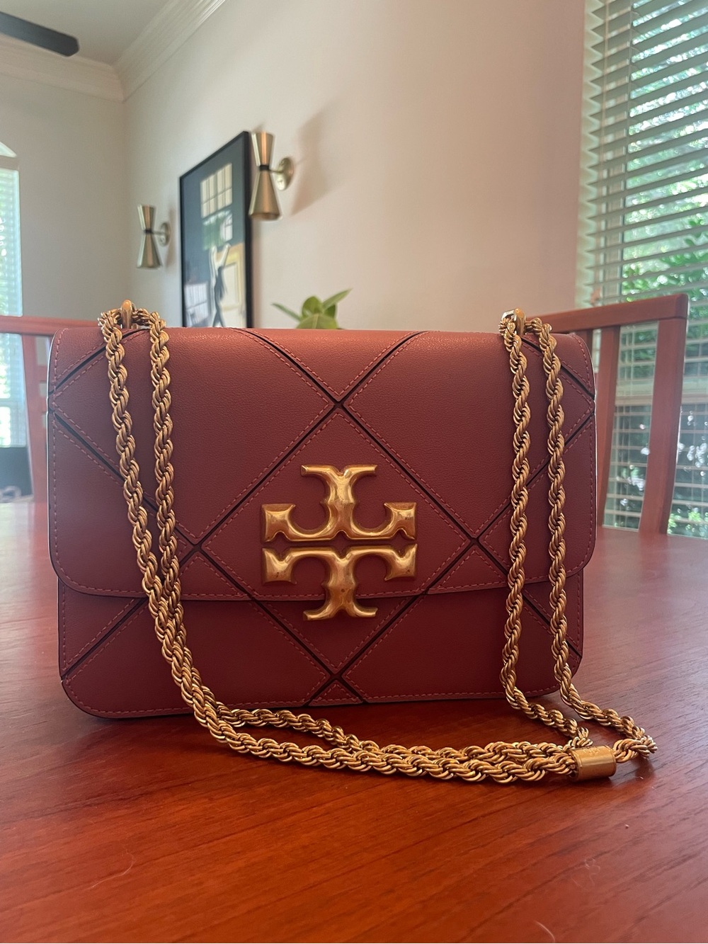 Tory Burch Coral Quilted Leather Shoulder Bag with Gold Logo